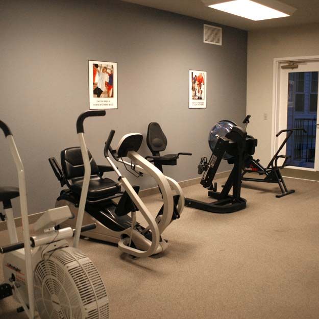 A small gym with various exercise machines lined up against the wall.