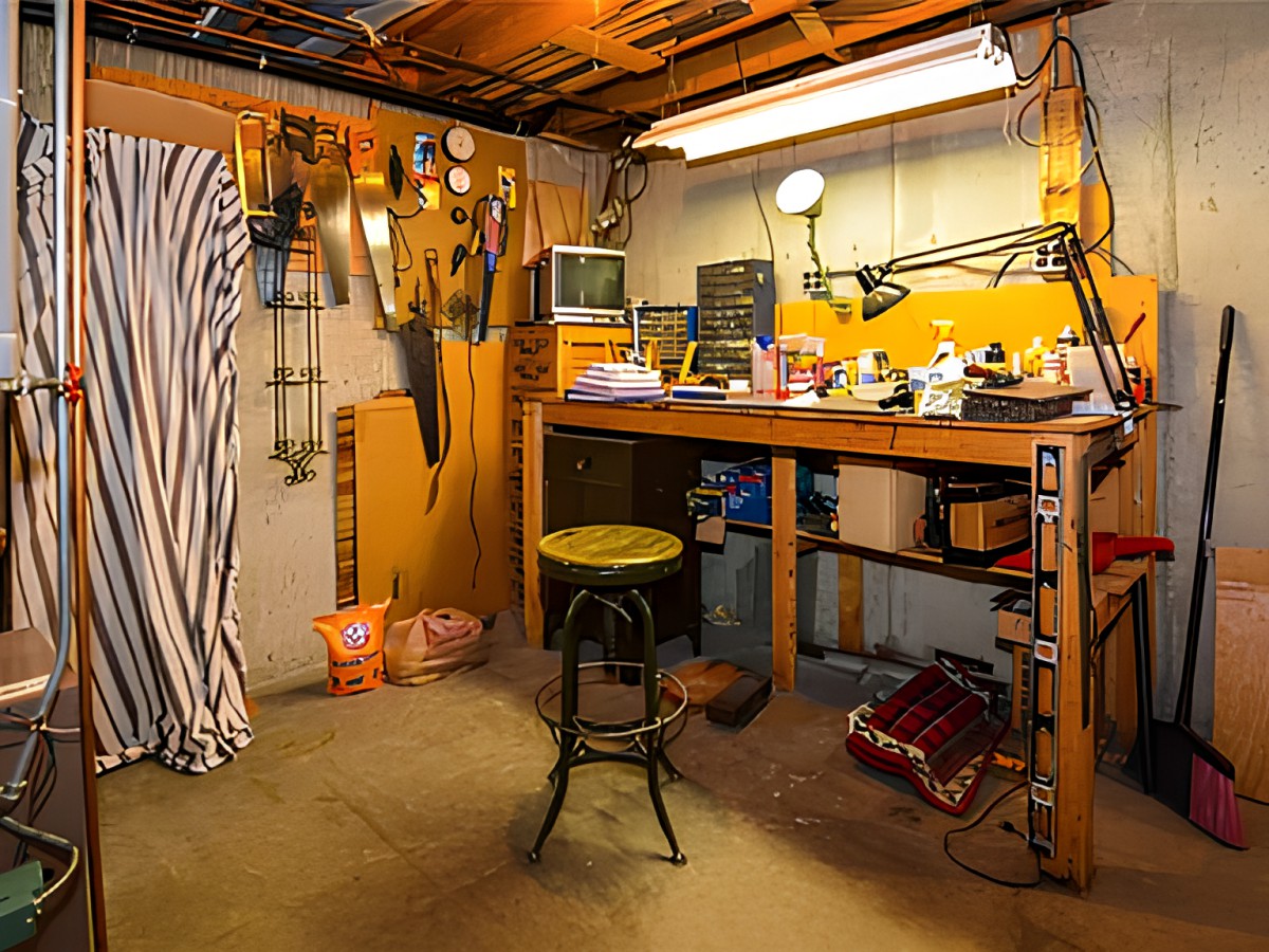 A well-organized basement workshop with a workbench and tools.