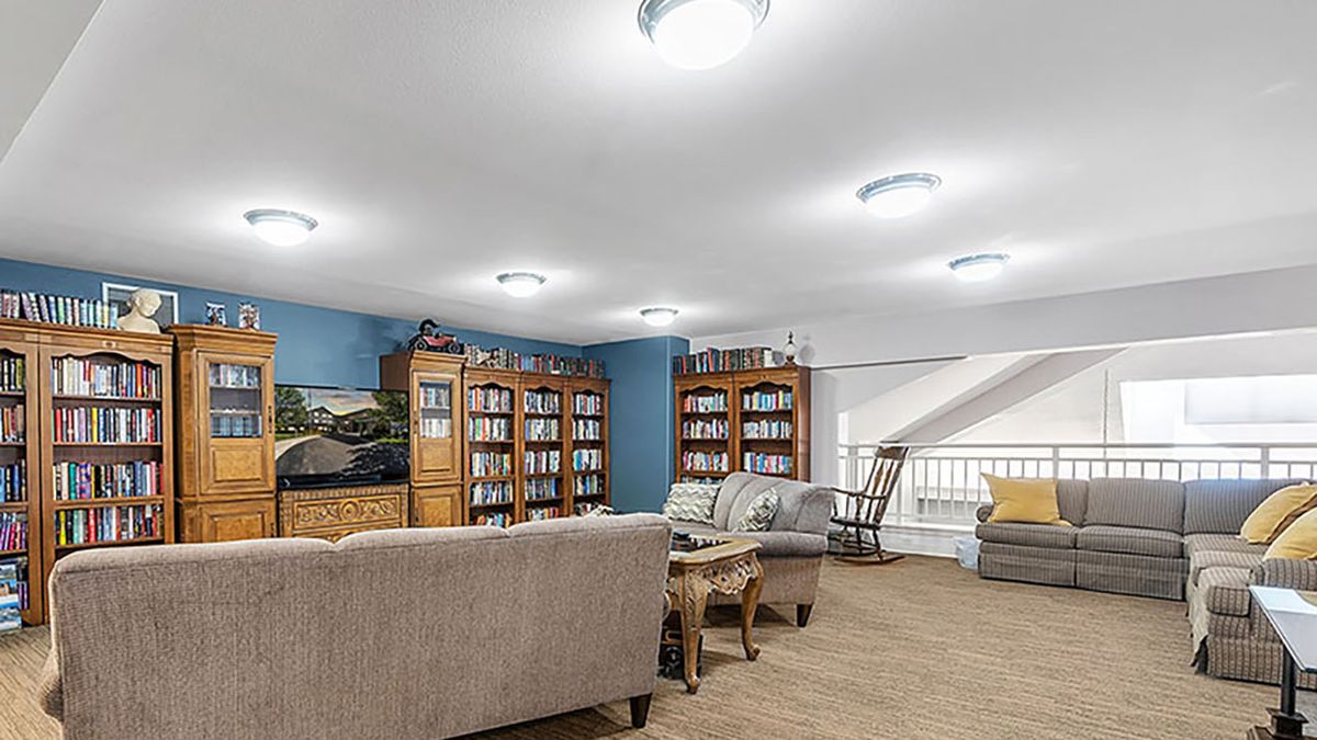 A cozy living room with bookshelves, a sofa, and bright lighting.