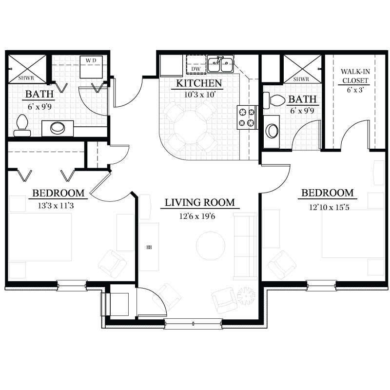 A floor plan of a two-bedroom apartment featuring a kitchen, living room, and two bathrooms.