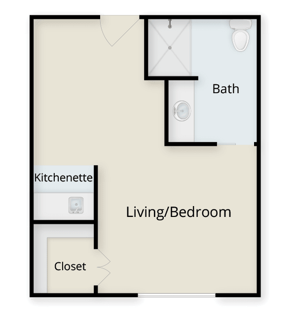 Studio apartment layout with a living/bedroom, kitchenette, closet, and bath.