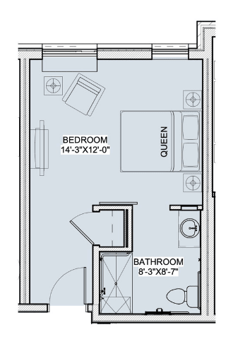 Floor plan showing the layout of a bedroom with an attached bathroom.