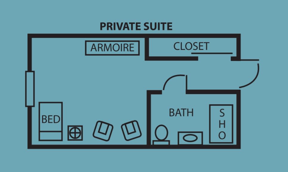 A floor plan of a private suite featuring an armoire, closet, bathroom, and shower.