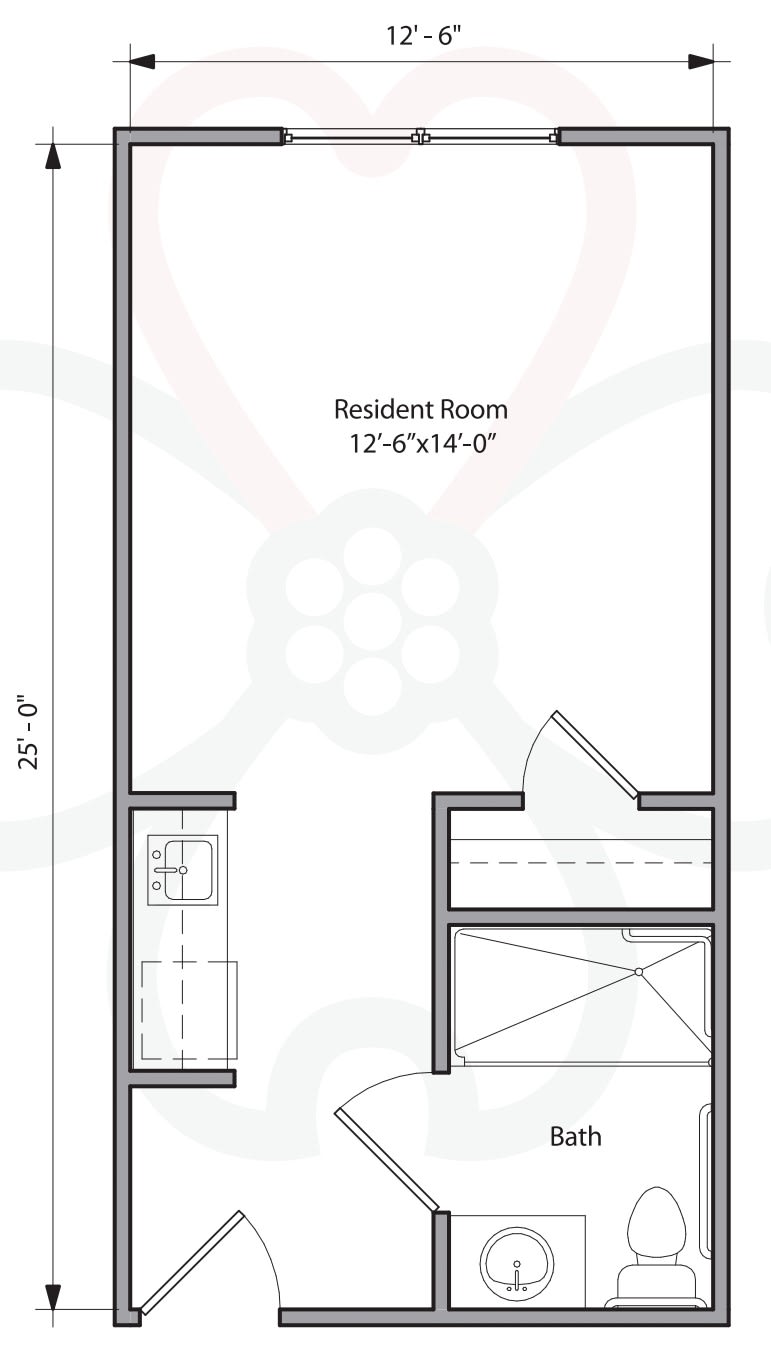 A floor plan depicting a resident room with specific dimensions.