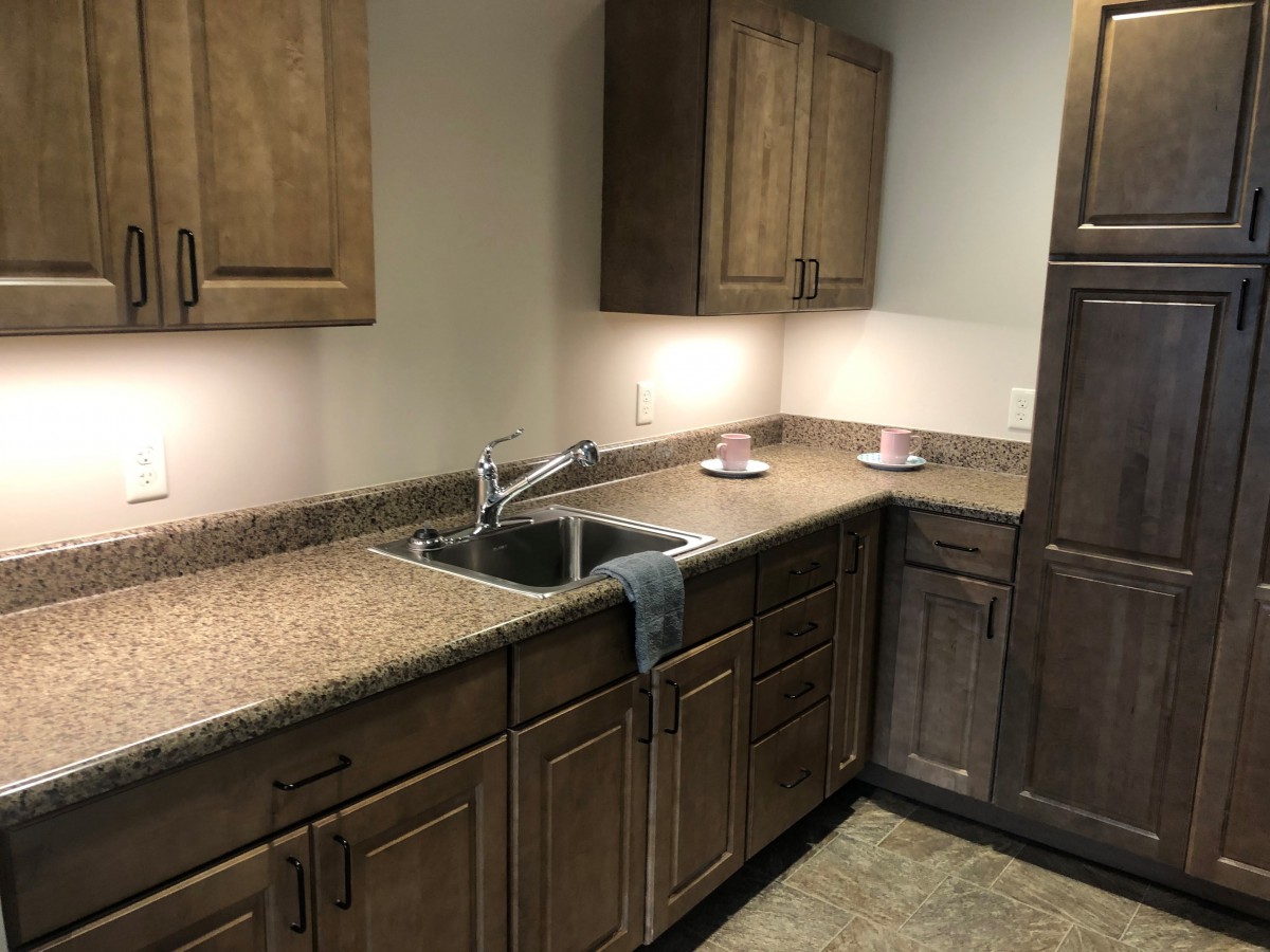 A modern kitchen interior with wooden cabinets and a granite countertop.