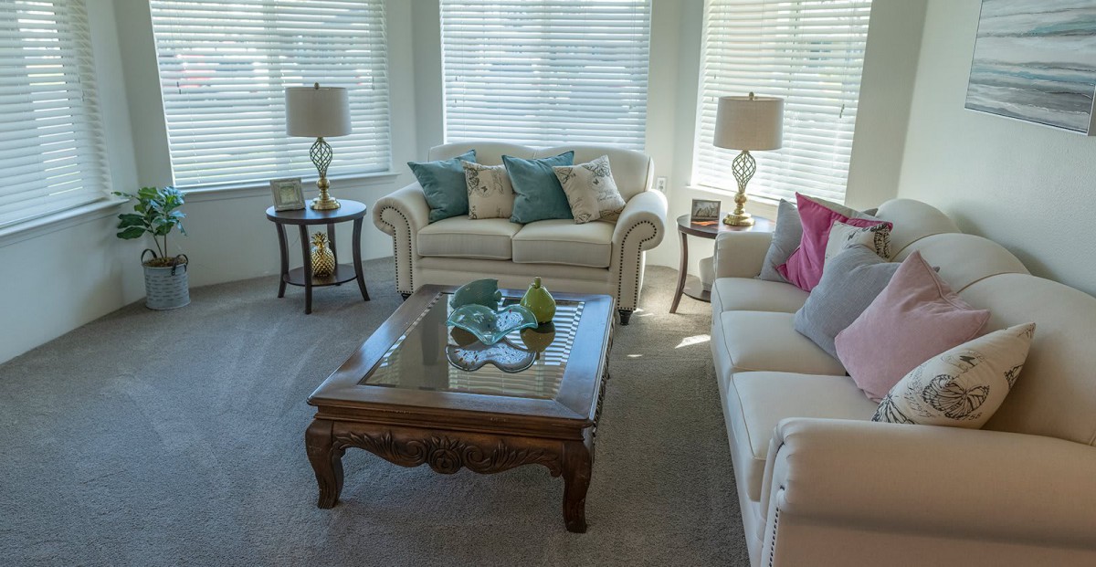 A cozy living room with two sofas and a wooden coffee table, adorned with decorative pillows and lamps by the windows.