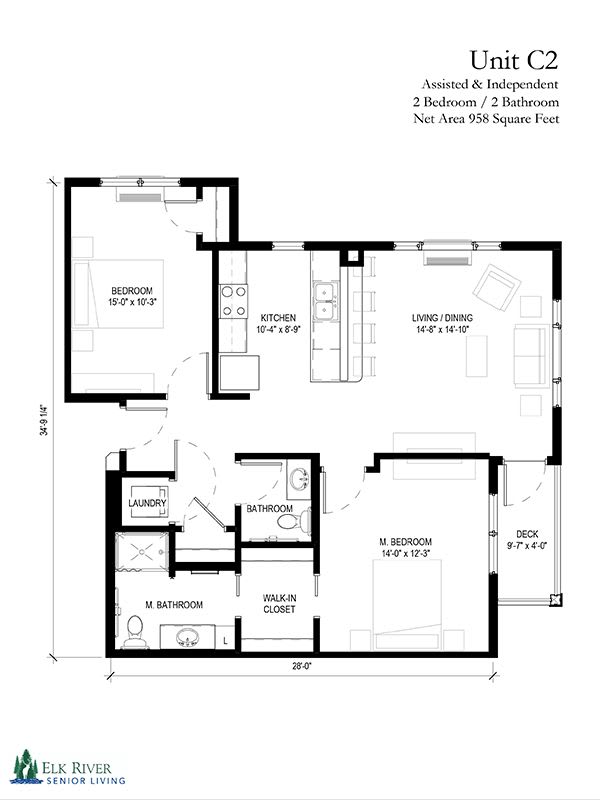 A detailed floor plan featuring a two-bedroom layout with labeled rooms and dimensions.