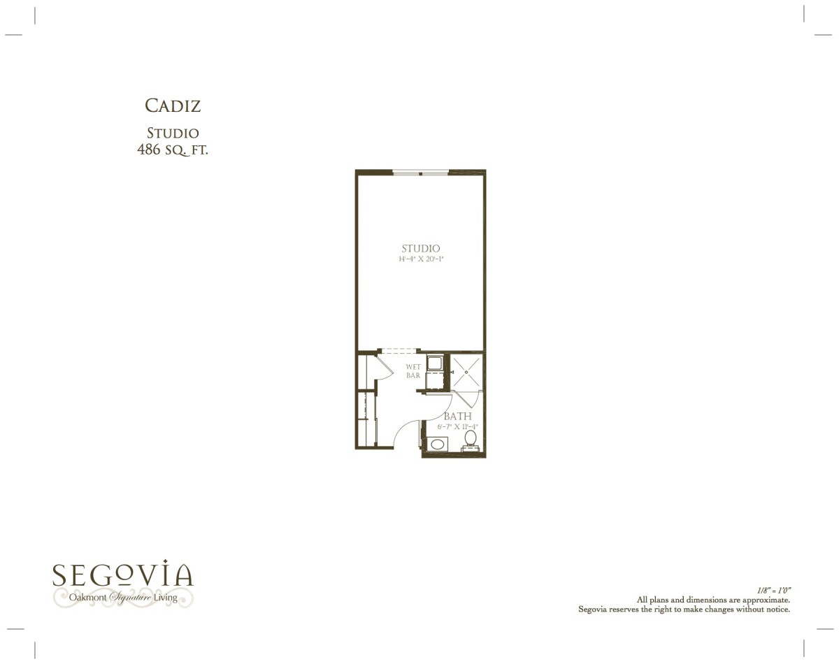 Floor plan of a studio apartment with dimensions and layout.