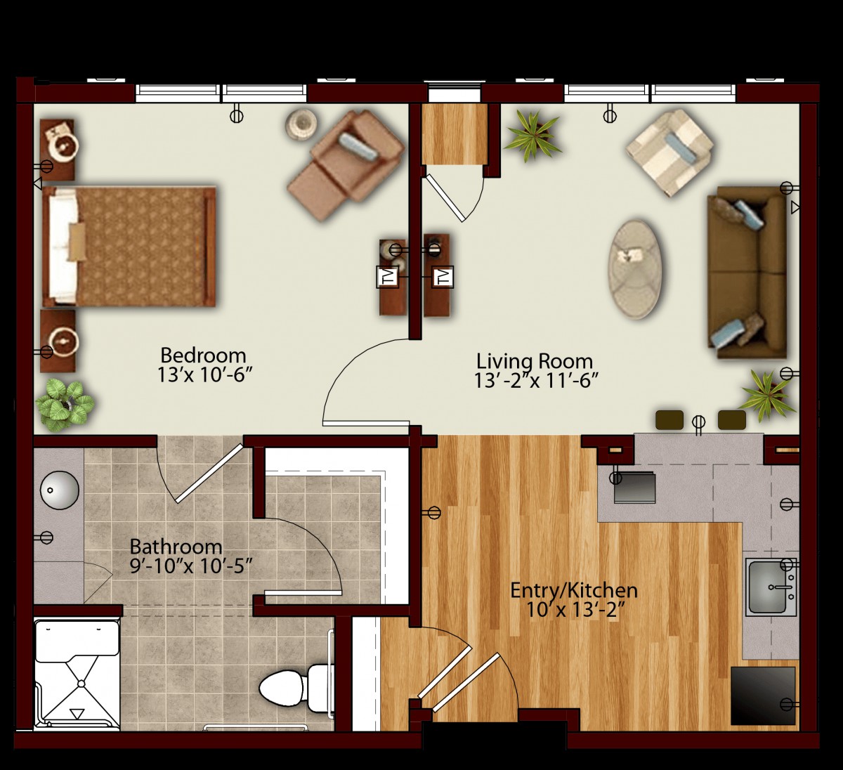 A one-bedroom apartment floor plan featuring a living room, kitchen, and bathroom.
