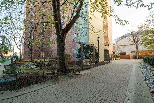 A peaceful urban courtyard with benches and a tree along the pathway between buildings.