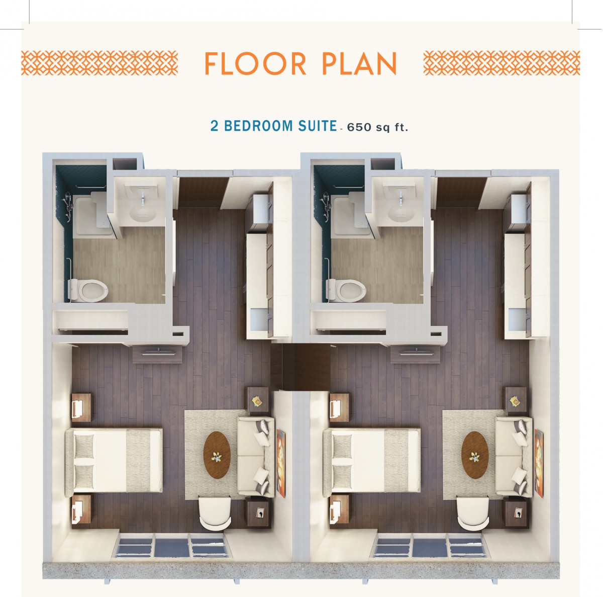 Floor plan of a 2-bedroom suite showcasing the layout and furniture arrangement.