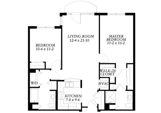 A floor plan of a two-bedroom apartment with dimensions.