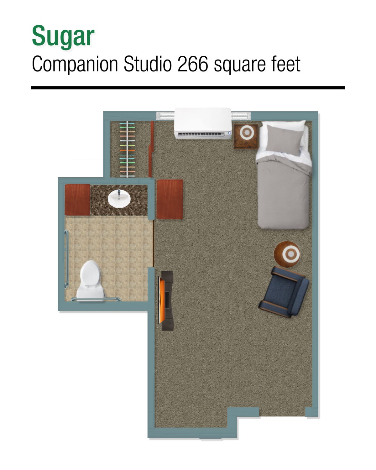 Companion Studio layout with 266 square feet of space.