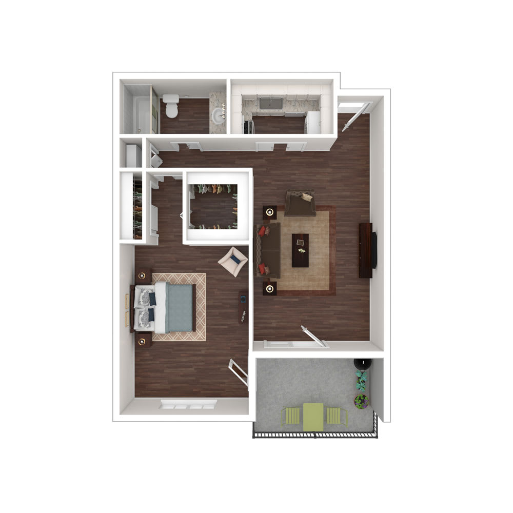 1-bedroom apartment floor plan with living room, kitchen, and bathroom.