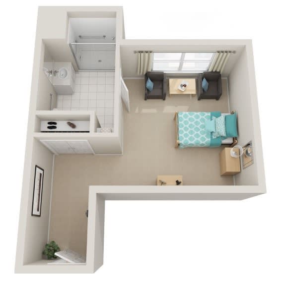 3D render of a compact apartment layout with a bedroom and bathroom.