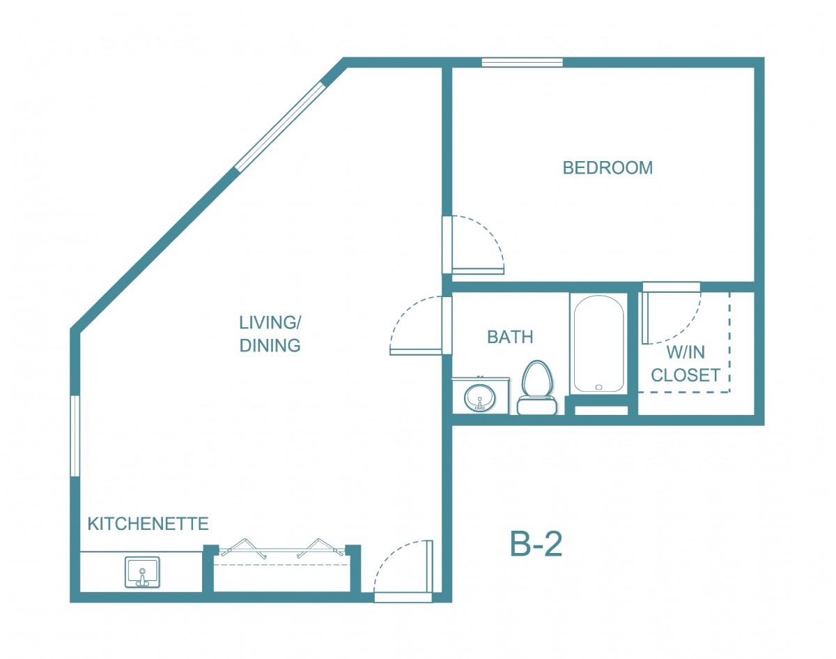 Blueprint of a one-bedroom apartment with a living/dining area, bathroom, walk-in closet, and kitchenette.