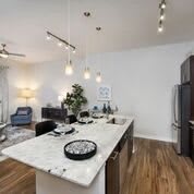 A modern open-concept kitchen with a central island and pendant lighting, adjacent to a cozy living area with wood flooring.