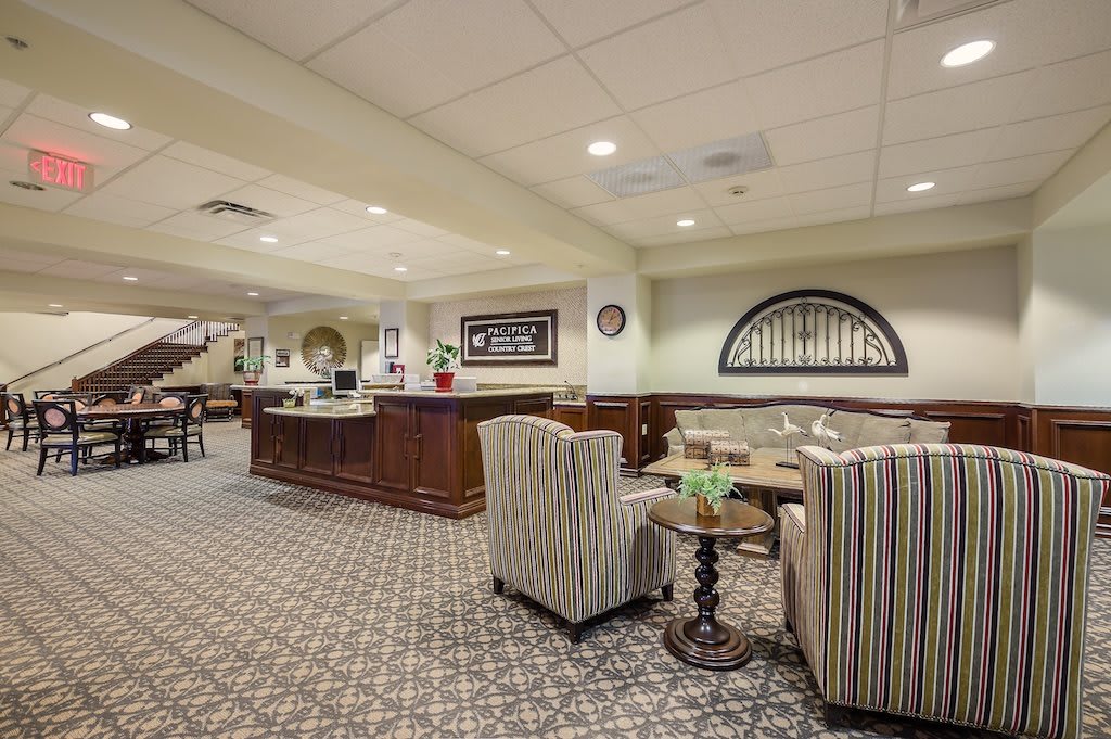 A welcoming lobby with comfortable seating and a reception desk.