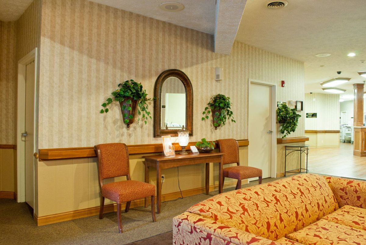 A cozy waiting area with chairs, a table adorned with plants and a mirror on the wall.
