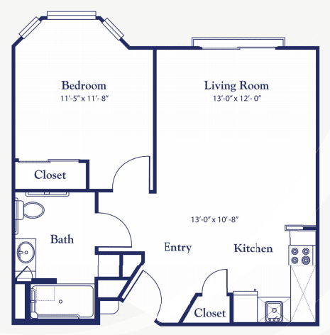 A floor plan of a one-bedroom apartment with a living room, kitchen, bathroom, and closets.