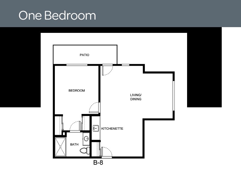 One-bedroom apartment floor plan layout.