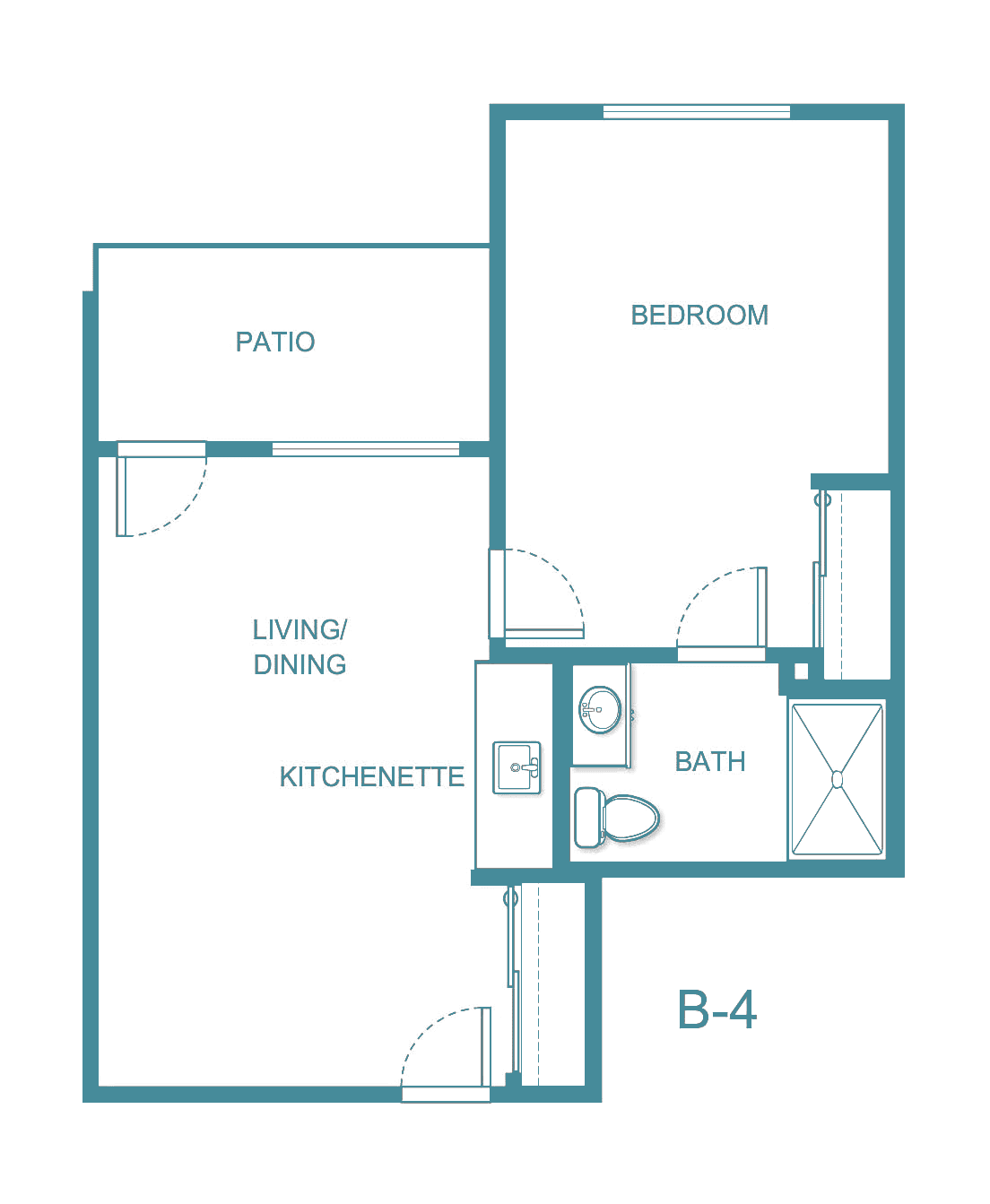 A floor plan of a one-bedroom apartment featuring a living/dining area, kitchenette, bathroom, bedroom, and patio.