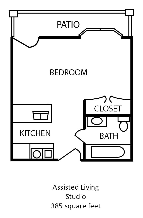 Studio apartment floor plan with bedroom, kitchen, bathroom, and closet.