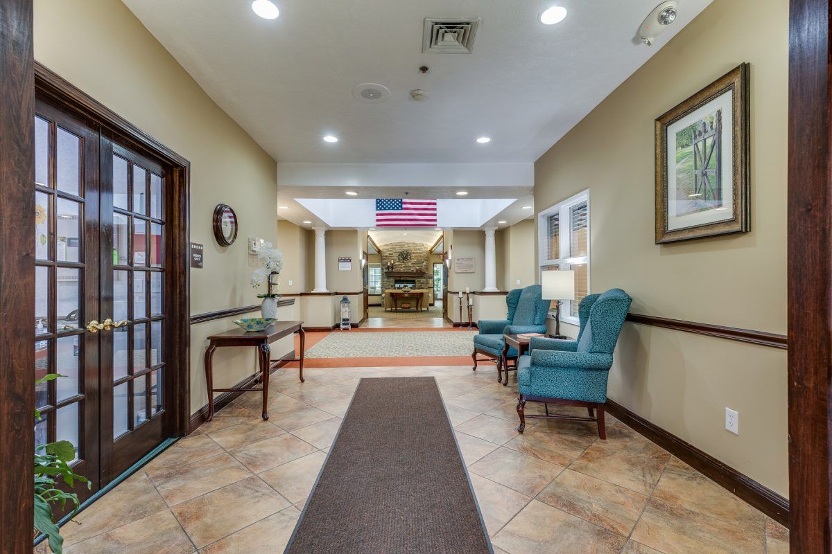A welcoming lobby area with seating and bright lighting.
