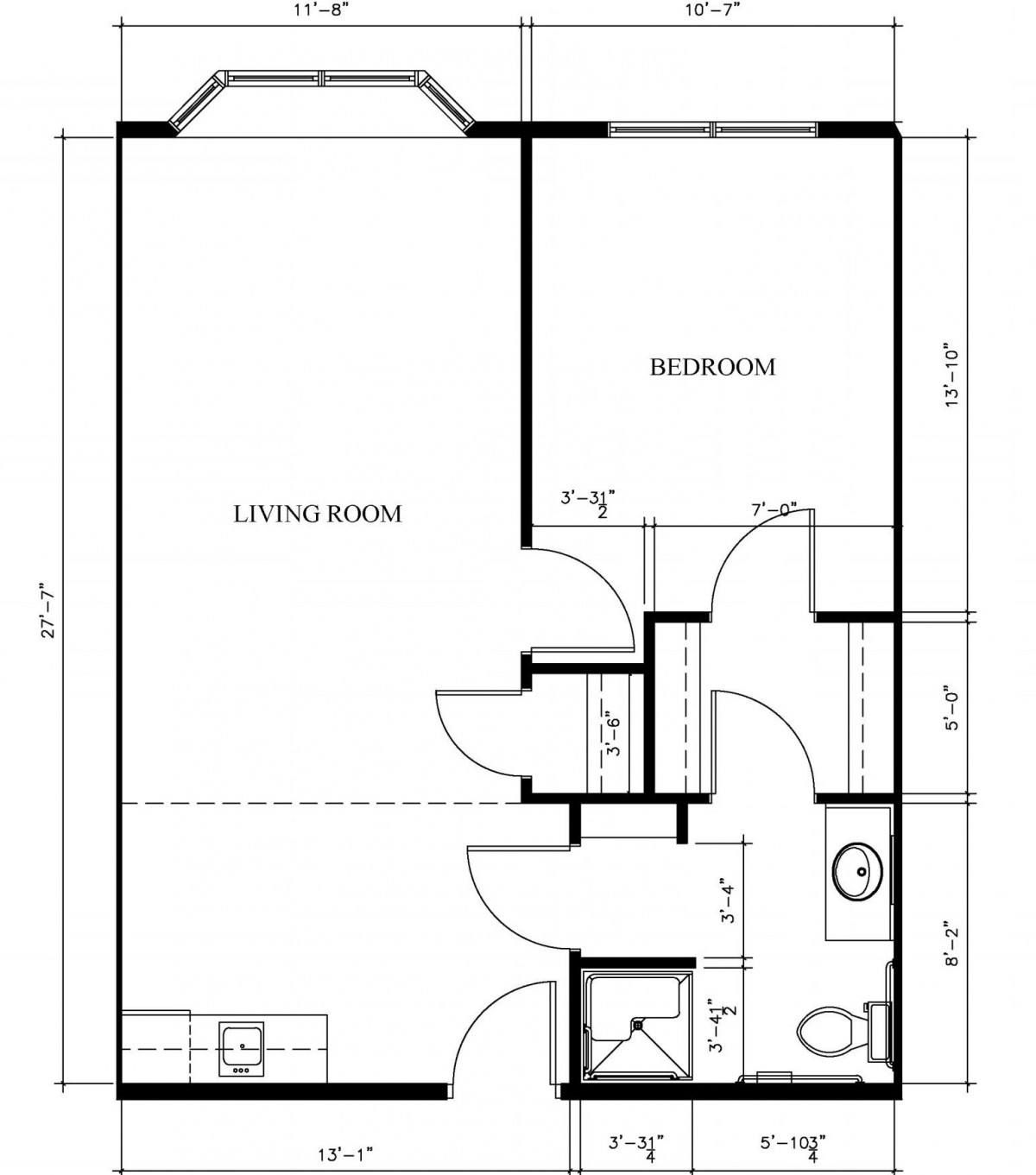 A simple floor plan layout showing a living room, bedroom, and bathroom.
