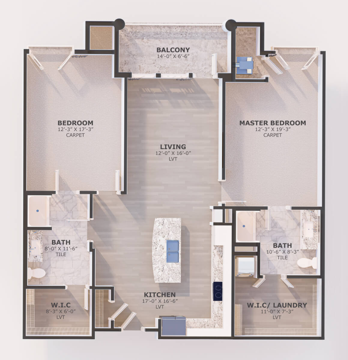 A detailed floor plan of a two-bedroom apartment with modern amenities.