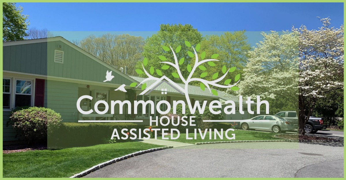 Logo of Commonwealth House Assisted Living with a background image of a building and tree.