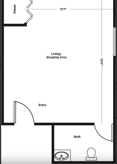 A basic floor plan showing a living/sleeping area with an entry and bath.