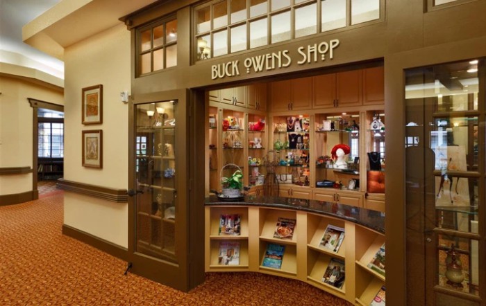 A view of the Buck Owens Shop featuring memorabilia and gifts on display.