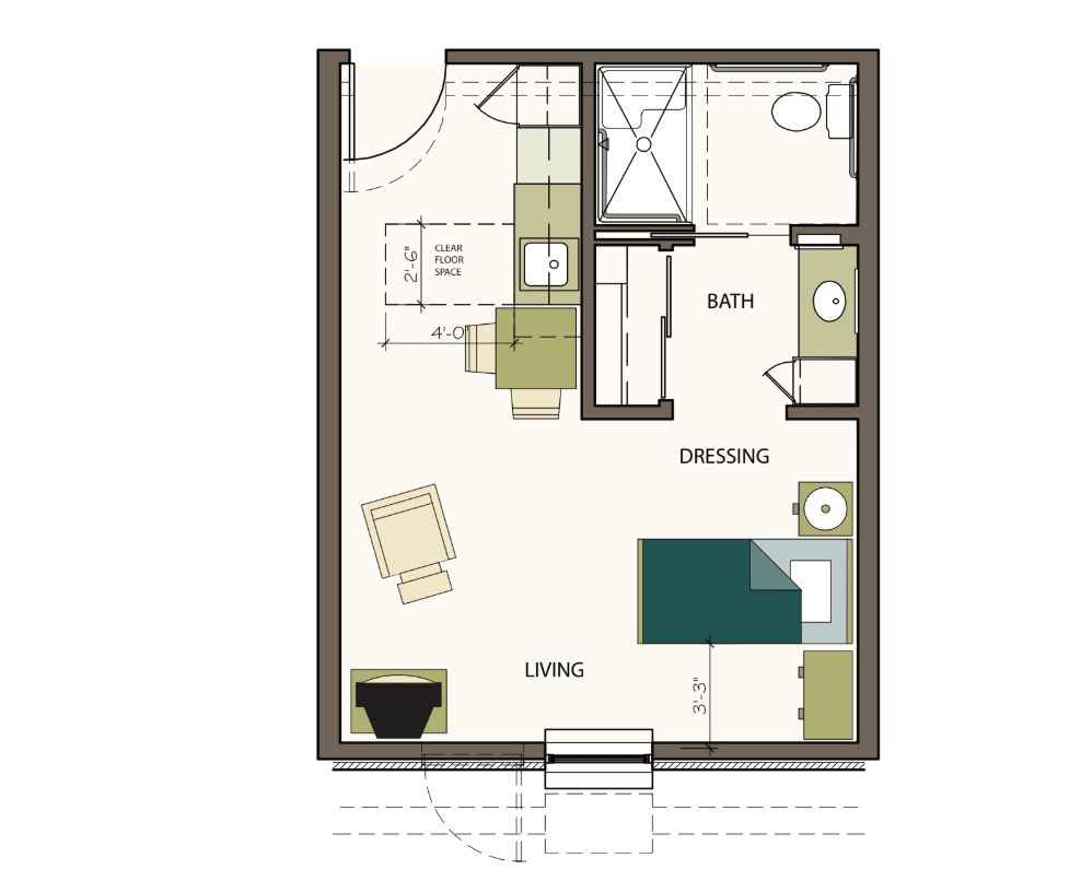 A floor plan of a studio apartment showing the layout of living, kitchen, and bathroom areas.