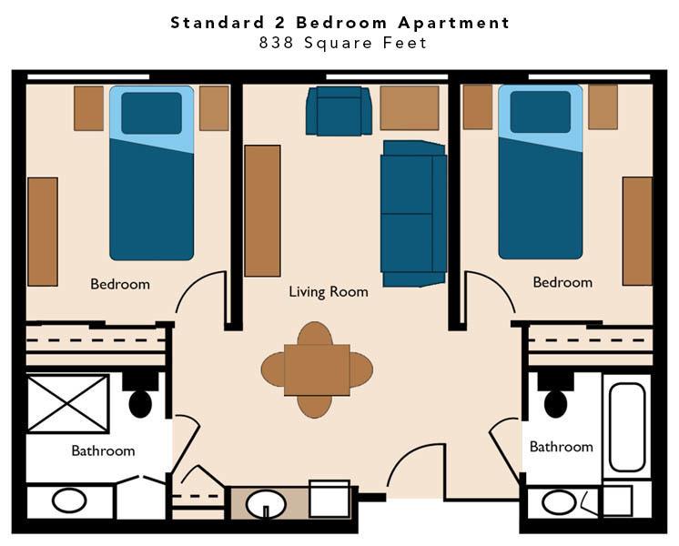 Standard 2-bedroom apartment floor plan with living room and two bathrooms.