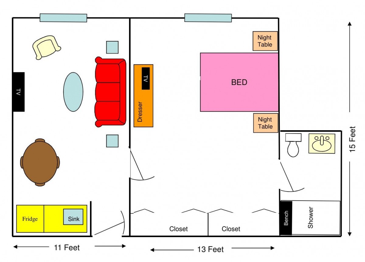 Floor plan of a bedroom with furniture and dimensions marked.
