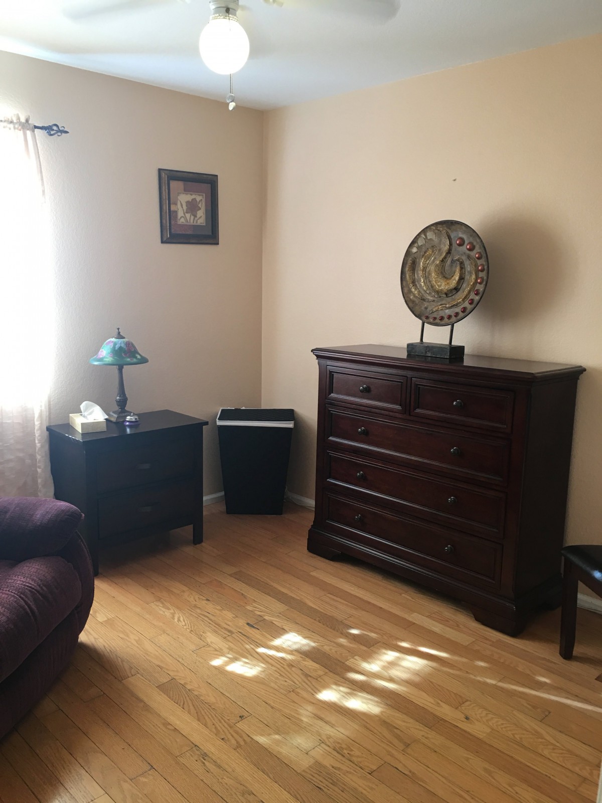 A cozy living room with wooden flooring and a chest of drawers.