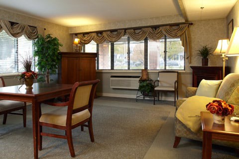 A cozy living room with a large window, traditional furniture, and decorative plants.
