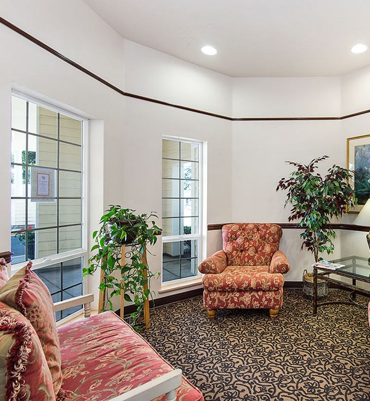 A cozy living room with a patterned armchair, sofa, indoor plants, and wall art.