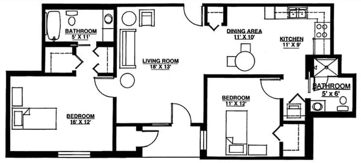 A floor plan of a one-bedroom apartment, featuring a living room, dining area, kitchen, bedroom, and bathroom.