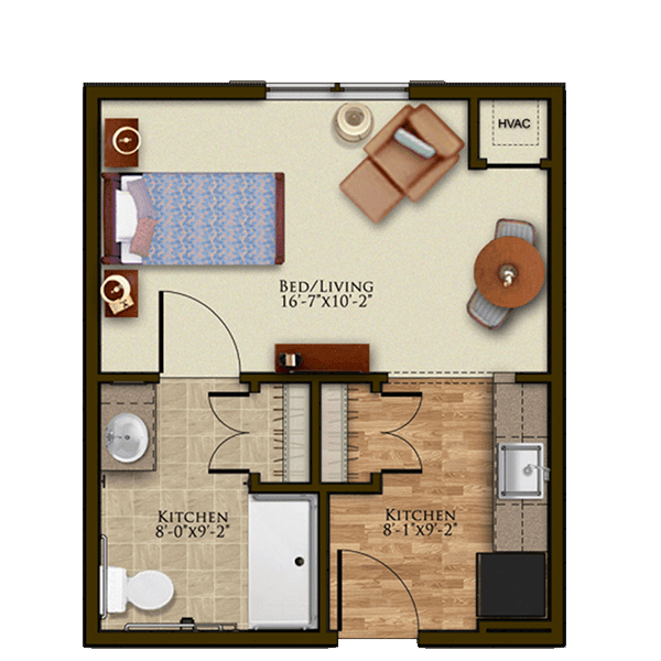 A compact one-bedroom apartment floor plan featuring a living room, kitchen, and bathroom.