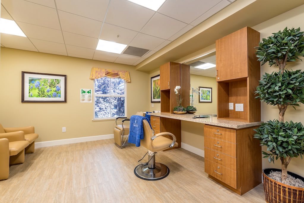 A well-lit salon interior with a styling chair, mirror, and wooden cabinets.