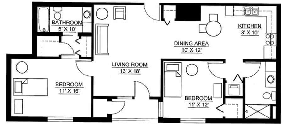 A floor plan of an apartment showing the layout with dimensions for the living room, dining area, and bedroom.