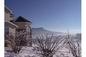 A serene winter landscape with snow-covered ground, distant mountains, and a clear blue sky.