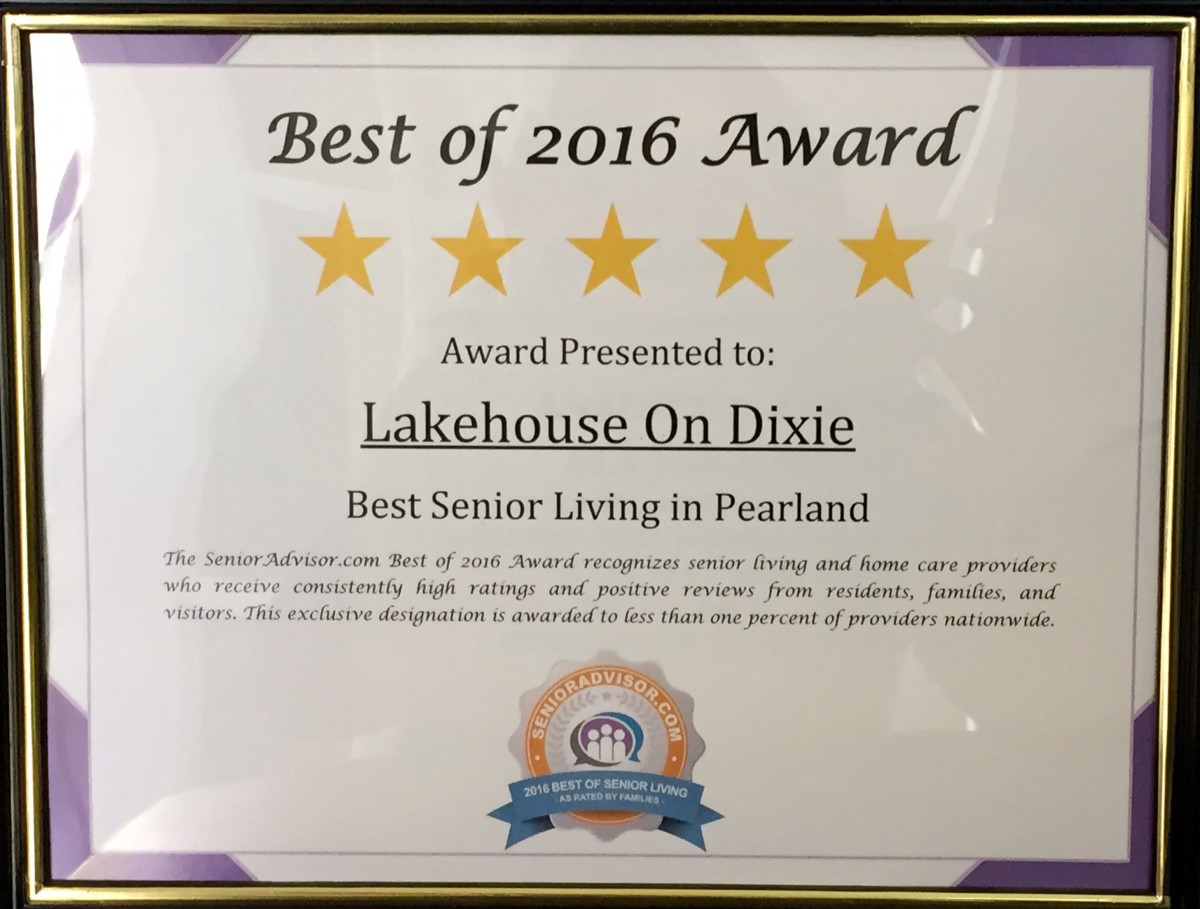 Award certificate for Lakehouse On Dixie as the Best Senior Living in Pearland for 2016.