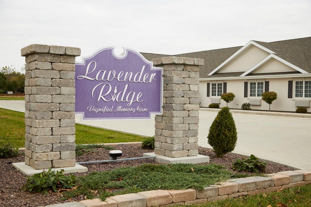 Entrance sign for Lavender Ridge, a retirement home with landscaped surroundings.