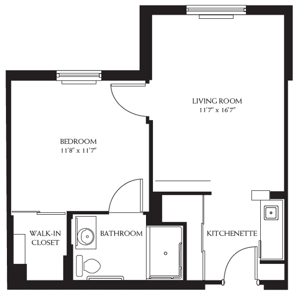A floor plan of a one-bedroom apartment featuring a living room, kitchenette, bathroom, and walk-in closet.