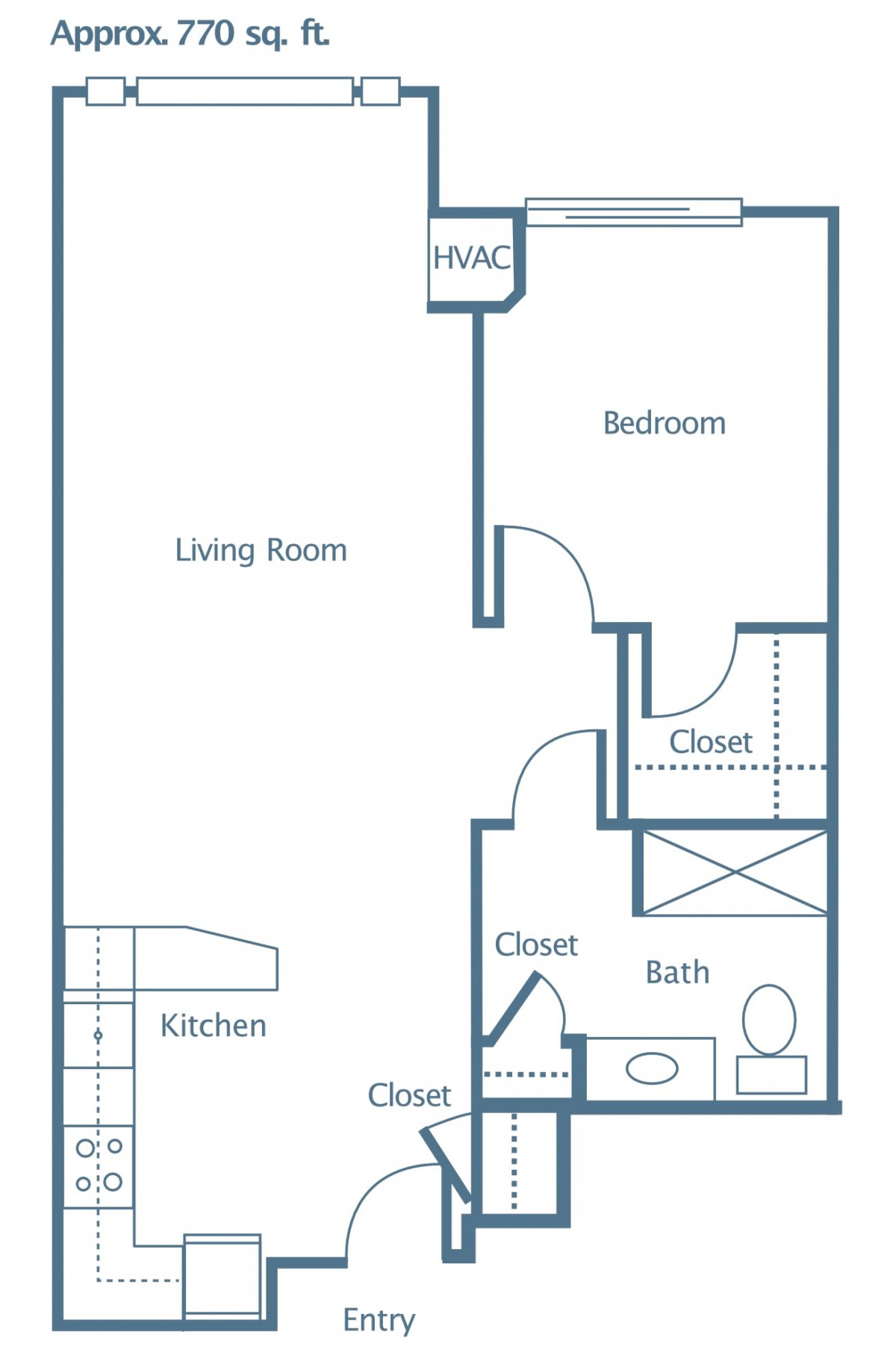 A simple one-bedroom apartment floor plan with a living room, kitchen, bathroom, and closet spaces.