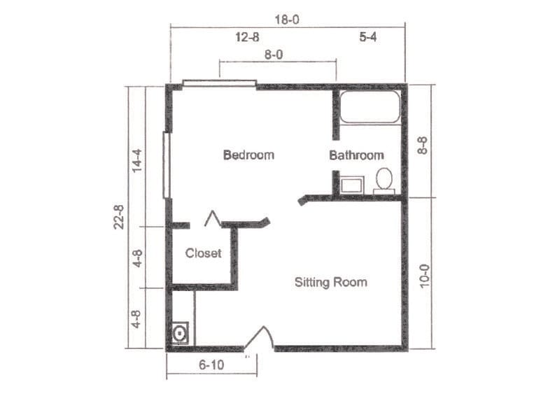 A small apartment floor plan featuring a bedroom, bathroom, sitting room, and closet.