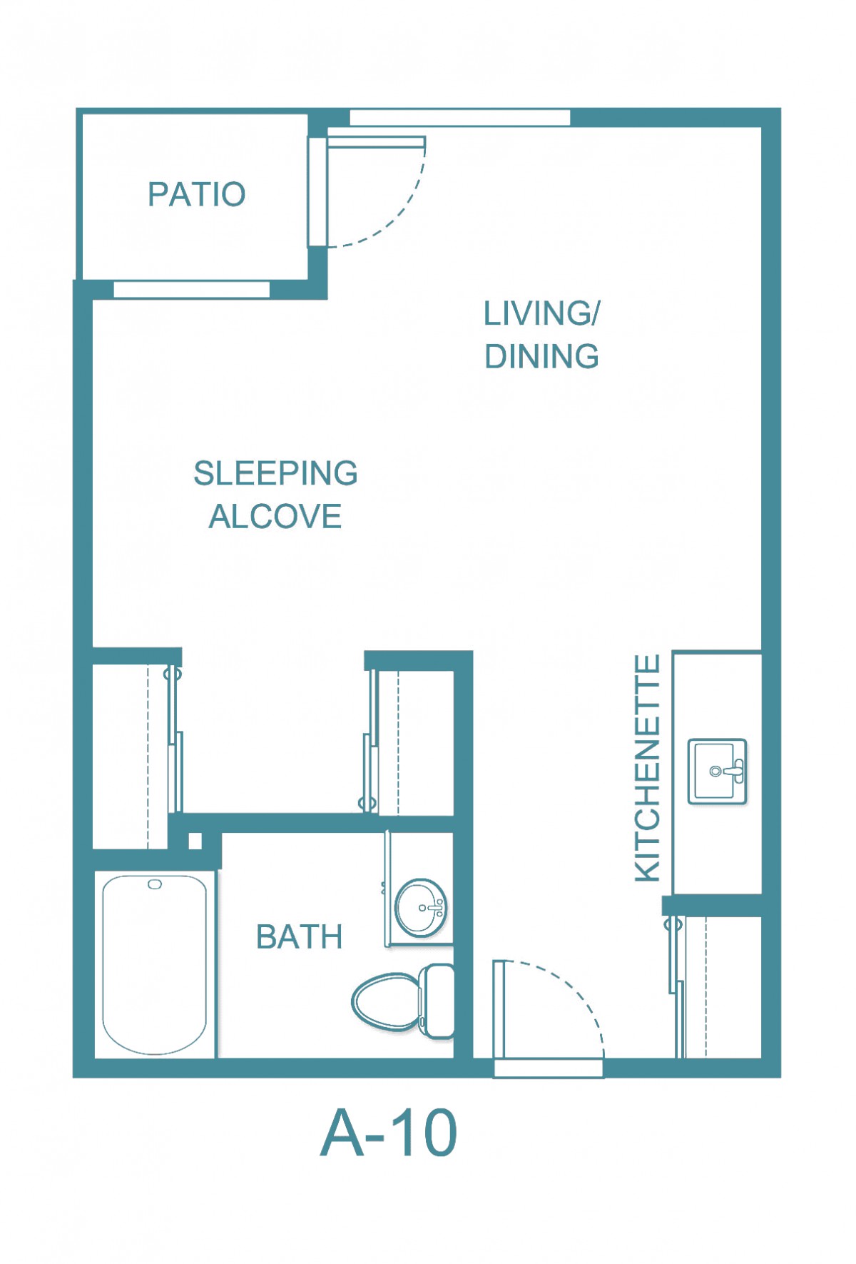 A floor plan of a studio apartment featuring areas designated for living/dining, sleeping, a kitchenette, and a bathroom.